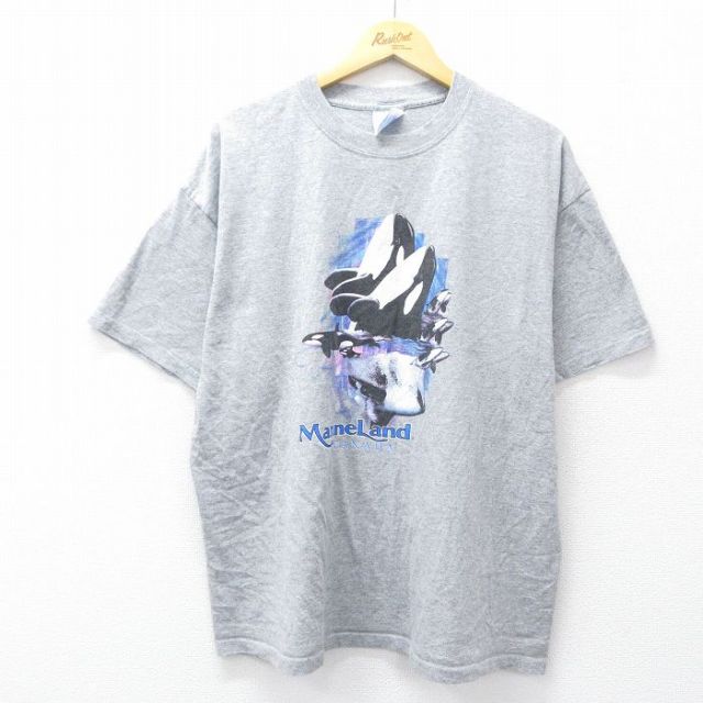 XL★古着 半袖 ビンテージ Tシャツ メンズ 00年代 00s シャチ 大きいサイズ クルーネック グレー 霜降り 25jul30 中古