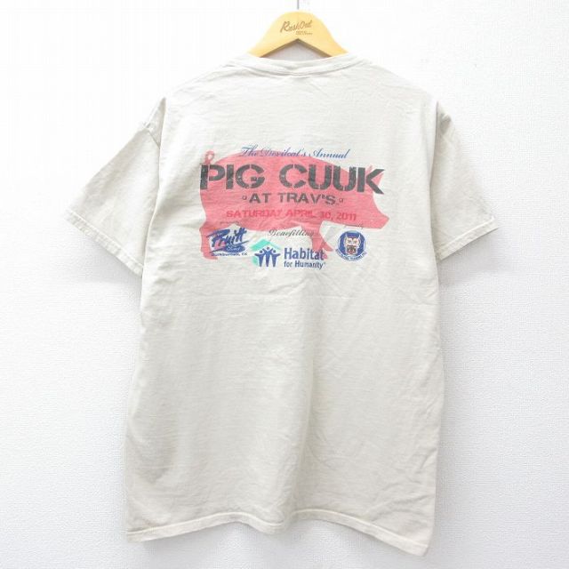 L★古着 半袖 ビンテージ Tシャツ メンズ 00年代 00s ブタ 企業広告 コットン クルーネック 薄ベージュ カーキ 25jul30 中古