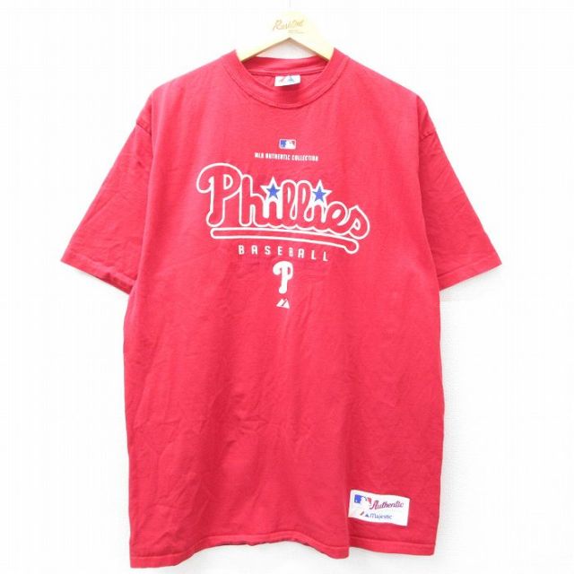 XL★古着 マジェスティック 半袖 ビンテージ Tシャツ メンズ 00年代 00s MLB フィラデルフィアフィリーズ コットン クルーネック 赤 レッド メジャーリーグ ベースボール 野球 25jul30 中古