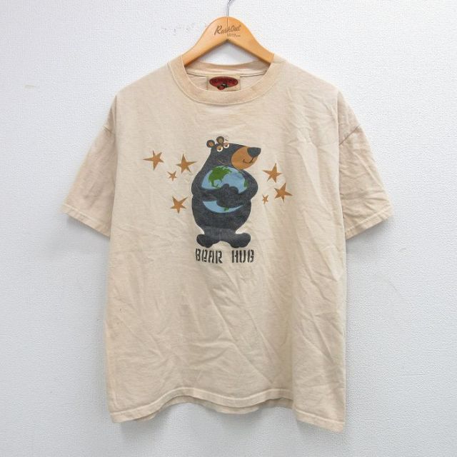 L★古着 半袖 ビンテージ Tシャツ メンズ 00年代 00s クマ コットン クルーネック ベージュ カーキ 25jul31 中古
