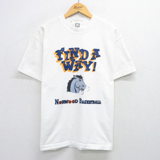 【20%OFF】XL★古着 半袖 ビンテージ Tシャツ メンズ 90年代 90s 馬 バスケットボール コットン クルーネック USA製 白 ホワイト 25jul31 中古