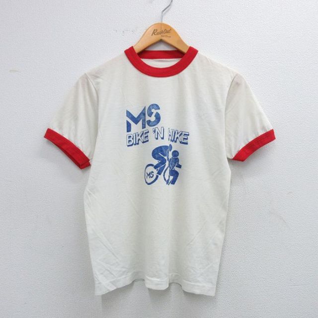 S★古着 半袖 ビンテージ Tシャツ メンズ 80年代 80s Ms 自転車 クルーネック 白 ホワイト リンガー 25jul31 中古