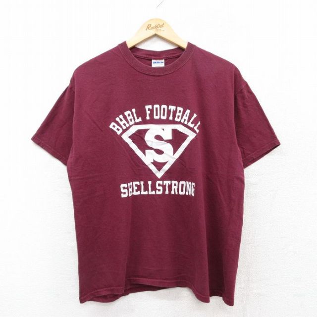 【50%OFF】L★古着 半袖 ビンテージ Tシャツ メンズ 00年代 00s BHBL フットボール コットン クルーネック エンジ 25jul31 中古