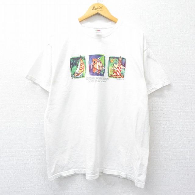 XL★古着 フルーツオブザルーム 半袖 ビンテージ Tシャツ メンズ 00年代 00s マイアミ ヨット 灯台 大きいサイズ コットン クルーネック 白 ホワイト 25jul31 中古