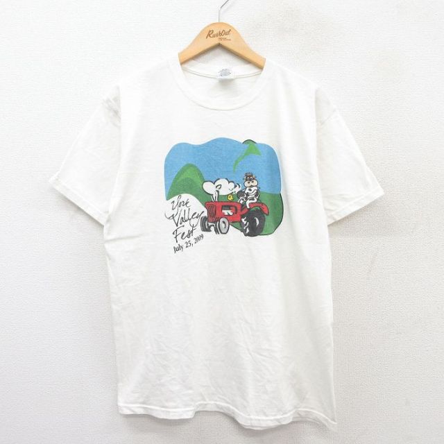 L★古着 半袖 ビンテージ Tシャツ メンズ 00年代 00s 牛 トラクター コットン クルーネック 白 ホワイト 25aug01 中古