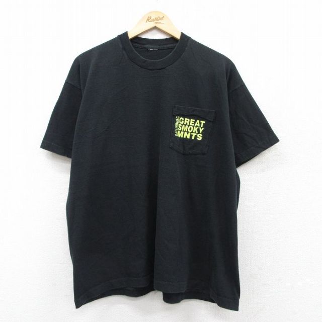 【20%OFF】XL★古着 半袖 ビンテージ Tシャツ メンズ 90年代 90s GREAT SMOKY MNTS 胸ポケット付き クルーネック 黒 ブラック 25aug01 中古