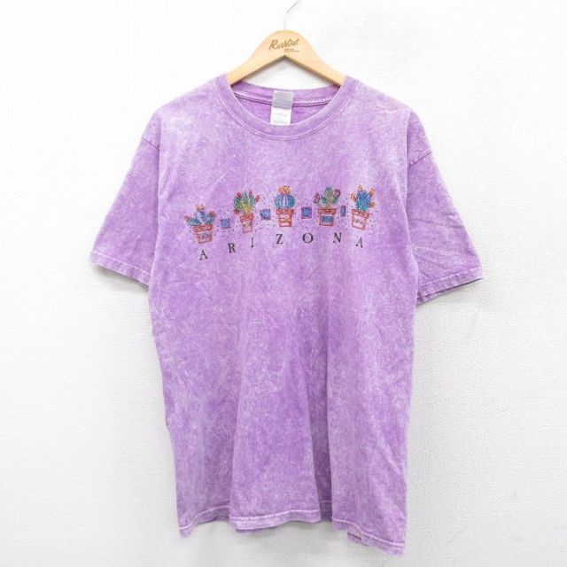 L★古着 半袖 ビンテージ Tシャツ メンズ 00年代 00s アリゾナ サボテン 刺繍 コットン クルーネック 紫 パープル 25aug01 中古