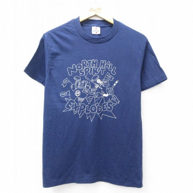【50%OFF】M★古着 半袖 ビンテージ Tシャツ メンズ 80年代 80s NORTH HALL SPIRIT クルーネック USA製 紺 ネイビー 25aug02 中古