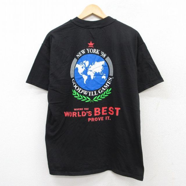 L★古着 ヘインズ Hanes 半袖 ビンテージ Tシャツ メンズ 90年代 90s 地球 ニューヨーク コットン クルーネック USA製 黒 ブラック 25aug02 中古
