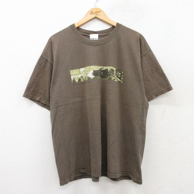 XL★古着 半袖 ビンテージ Tシャツ メンズ 00年代 00s ミリタリー 銃 コットン クルーネック 茶 ブラウン 25aug02 中古
