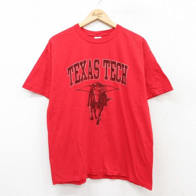 【20%OFF】L★古着 半袖 ビンテージ Tシャツ メンズ 00年代 00s TEXAS TECH コットン クルーネック 赤 レッド 25aug02 中古