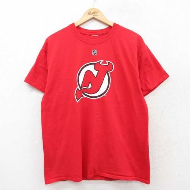 【20%OFF】L★古着 リーボック REEBOK 半袖 Tシャツ メンズ NHL ニュージャージーデビルズ コットン クルーネック 赤 レッド アイスホッケー 25aug02 中古