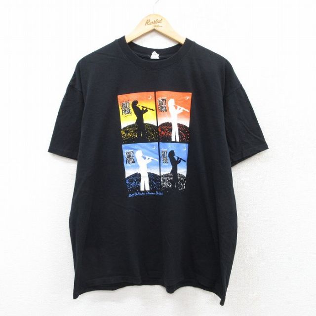 【50%OFF】XL★古着 半袖 ビンテージ Tシャツ メンズ 00年代 00s Jazz fest 大きいサイズ コットン クルーネック 黒 ブラック 25aug04 中古