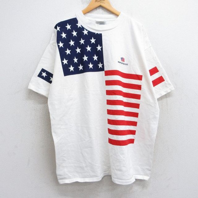 XL★古着 半袖 ビンテージ Tシャツ メンズ 00年代 00s 90年代 90s ANTIGUA 星条旗 ワシントンDC 大きいサイズ ロング丈 コットン クルーネック USA製 白 ホワイト 【spe】 25aug05 中古