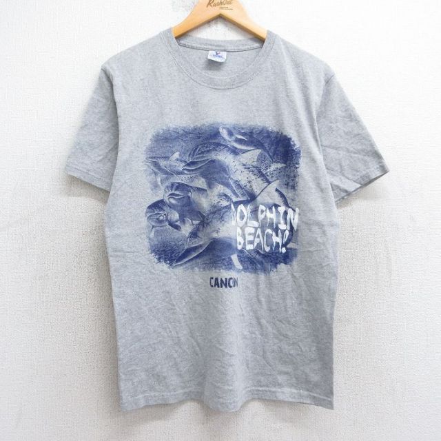 【50%OFF】M★古着 半袖 ビンテージ Tシャツ メンズ 00年代 00s イルカ クルーネック グレー 霜降り 25aug05 中古