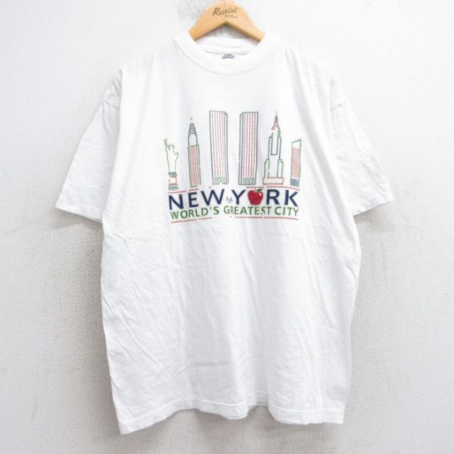 XL★古着 半袖 ビンテージ Tシャツ メンズ 90年代 90s ニューヨーク リンゴ 大きいサイズ コットン クルーネック 白 ホワイト 25aug05 中古