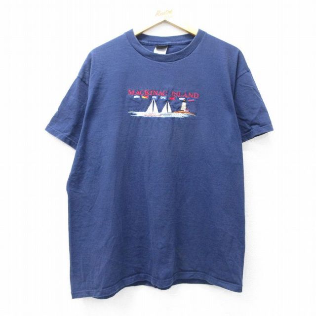 XL★古着 半袖 ビンテージ Tシャツ メンズ 00年代 00s ヨット マキノー 刺繍 コットン クルーネック 紺 ネイビー 25aug06 中古