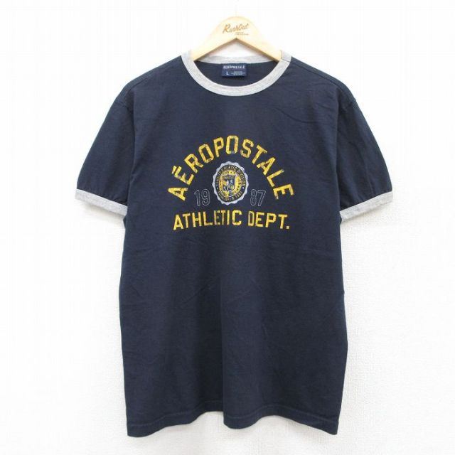L★古着 エアロポステール AEROPOSTALE 半袖 ビンテージ Tシャツ メンズ 00年代 00s ビッグロゴ コットン クルーネック 紺 ネイビー リンガー 25aug07 中古