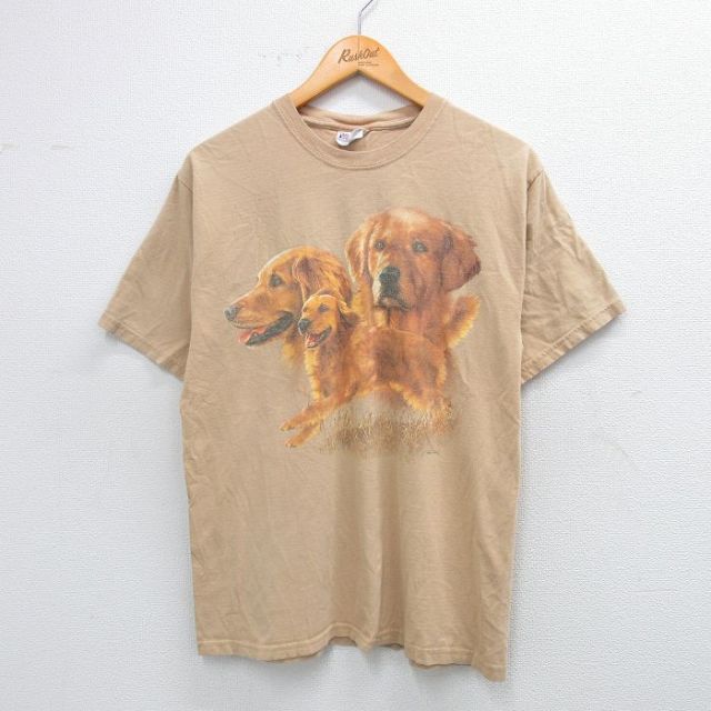 M★古着 ヘインズ Hanes 半袖 ビンテージ Tシャツ メンズ 00年代 00s ゴールデンレトリーバー 犬 コットン クルーネック 薄茶 ブラウン 【spe】 25aug07 中古