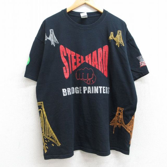 XL★古着 半袖 ビンテージ Tシャツ メンズ 00年代 00s 橋 拳 星条旗 マルチプリント 大きいサイズ コットン クルーネック 黒 ブラック 25aug07 中古