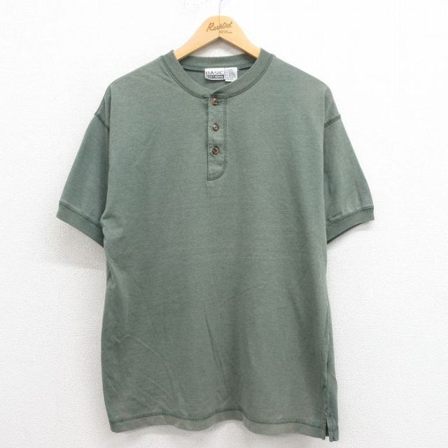 L★古着 ベーシックエディションズ 半袖 ビンテージ Tシャツ メンズ 00年代 00s 無地 ヘンリーネック 緑 グリーン 25aug08 中古