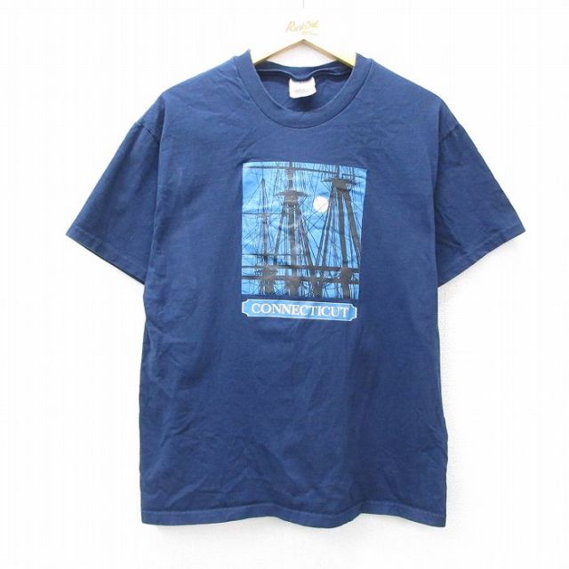 L★古着 ヘインズ Hanes 半袖 ビンテージ Tシャツ メンズ 00年代 00s CONNECTICUT コットン クルーネック 紺 ネイビー 25aug08 中古