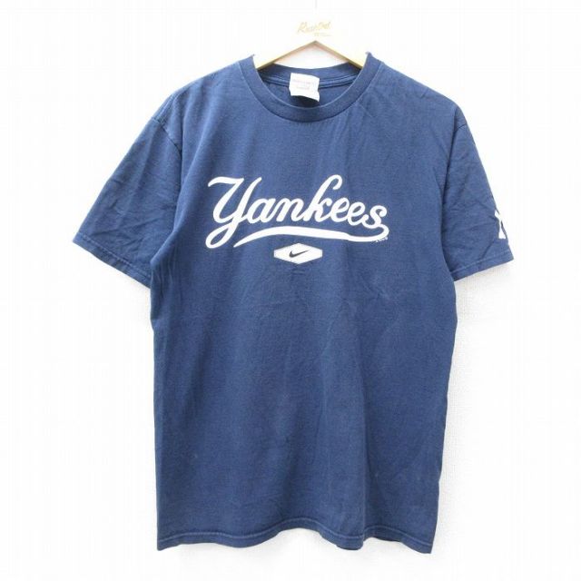 【20%OFF】L★古着 ナイキ NIKE 半袖 ビンテージ Tシャツ メンズ 00年代 00s MLB ニューヨークヤンキース コットン クルーネック 紺 ネイビー メジャーリーグ ベースボール 野球 25aug08 中古