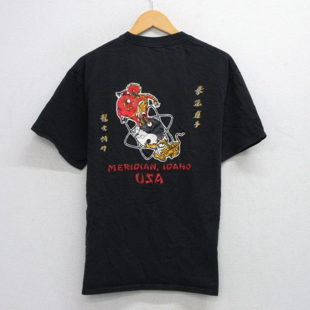 L★古着 半袖 ビンテージ Tシャツ メンズ 00年代 00s 陰陽 トラ ドラゴン コットン クルーネック 黒 ブラック 25aug09 中古