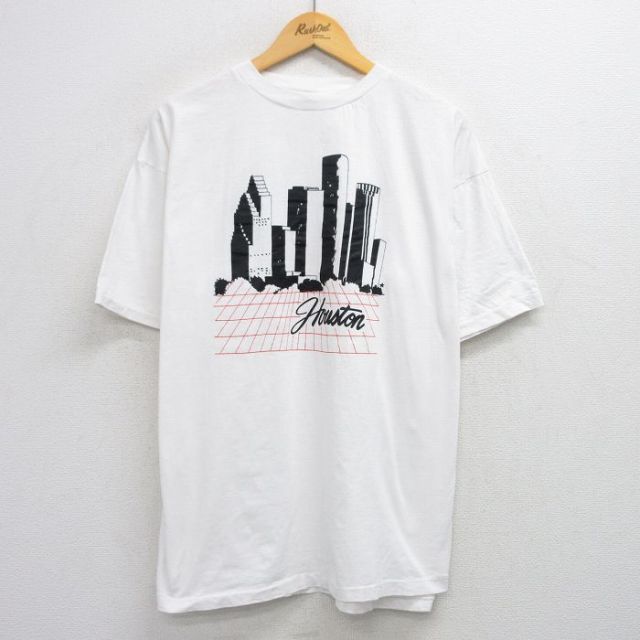 XL★古着 半袖 ビンテージ Tシャツ メンズ 90年代 90s ヒューストン 大きいサイズ コットン クルーネック 白 ホワイト 25aug09 中古