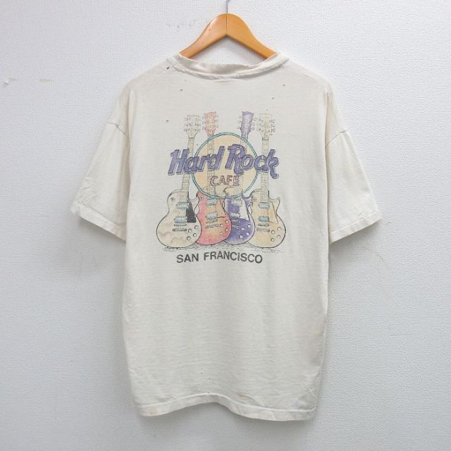 XL★古着 半袖 ビンテージ Tシャツ メンズ 90年代 90s ハードロックカフェ サンフランシスコ コットン クルーネック USA製 生成り 25aug09 中古