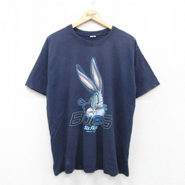 L★古着 半袖 ビンテージ Tシャツ メンズ 00年代 00s ルーニーテューンズ LOONEY TUNES バッグスバニー クルーネック 紺 ネイビー 25aug12 中古
