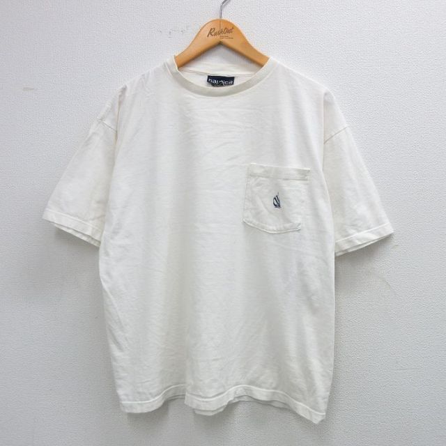 【50%OFF】XL★古着 ノーティカ NAUTICA 半袖 ビンテージ ブランド Tシャツ メンズ 90年代 90s ワンポイントロゴ 胸ポケット付き コットン クルーネック USA製 白 ホワイト 【spe】 25aug12 中古