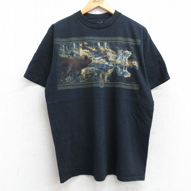 L★古着 半袖 ビンテージ Tシャツ メンズ 00年代 00s クマ オオカミ クルーネック 黒 ブラック 25aug13 中古