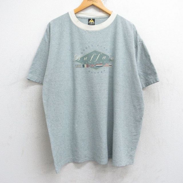 XL★古着 半袖 ビンテージ Tシャツ メンズ 90年代 90s バッファロー 国旗 大きいサイズ クルーネック USA製 緑他 グリーン ボーダー 【spe】 25aug13 中古