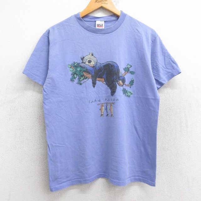 M★古着 半袖 ビンテージ Tシャツ メンズ 00年代 00s クマ 魚 コットン クルーネック 薄紫 パープル 25aug13 中古