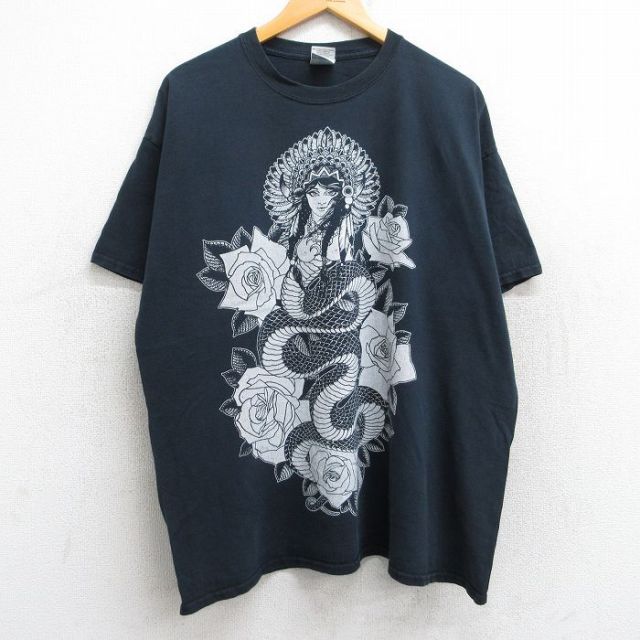 XL★古着 半袖 ビンテージ Tシャツ メンズ 00年代 00s 女性 バラ 大きいサイズ コットン クルーネック 黒 ブラック 25aug13 中古