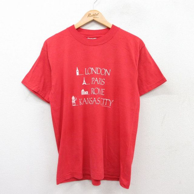 L★古着 オニータ ONEITA 半袖 ビンテージ Tシャツ メンズ 80年代 80s ロンドン パリ クルーネック 赤 レッド 25aug18 中古