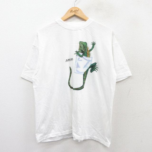 【50%OFF】XL★古着 半袖 ビンテージ Tシャツ メンズ 90年代 90s イグアナ コットン クルーネック 白 ホワイト 25aug18 中古