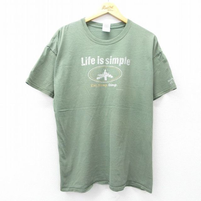 XL★古着 半袖 ビンテージ Tシャツ メンズ 00年代 00s たき火 コットン クルーネック 緑系 グリーン 25aug19 中古