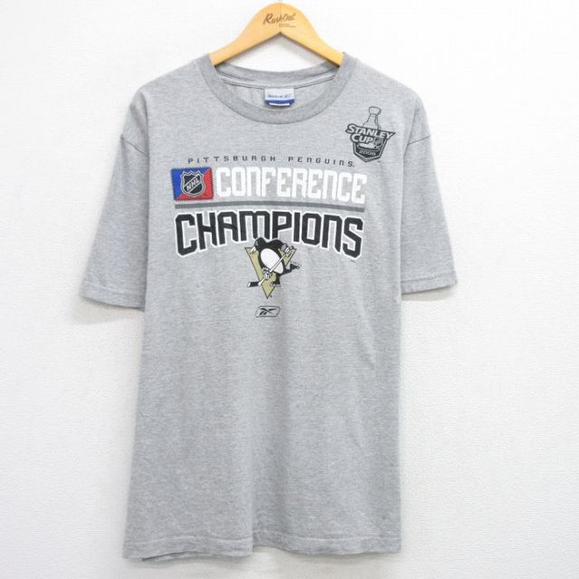 XL★古着 リーボック REEBOK 半袖 ビンテージ Tシャツ メンズ 00年代 00s NHL ピッツバーグペンギンズ 大きいサイズ クルーネック グレー 霜降り アイスホッケー 25aug19 中古