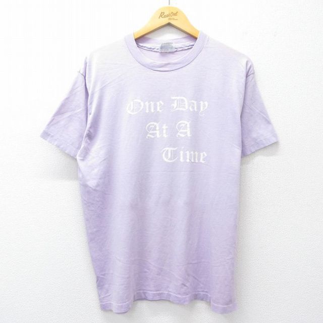 L★古着 ヘインズ Hanes 半袖 ビンテージ Tシャツ メンズ 80年代 80s One day at a Time クルーネック USA製 薄紫 パープル 25aug19 中古