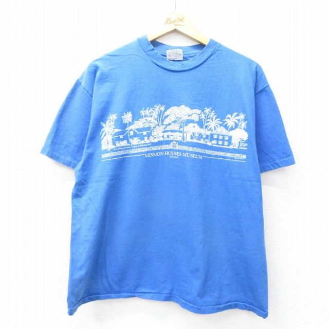 XL★古着 ヘインズ Hanes 半袖 ビンテージ Tシャツ メンズ 80年代 80s Mission Houses ミュージアム コットン クルーネック USA製 青 ブルー 25aug19 中古