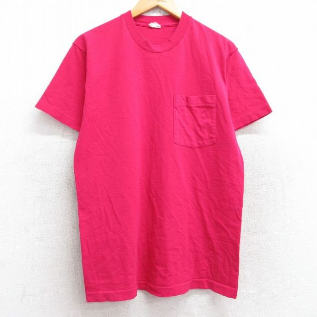 【50%OFF】M★古着 フルーツオブザルーム 半袖 ビンテージ Tシャツ メンズ 80年代 80s 無地 胸ポケット付き コットン クルーネック USA製 濃ピンク 25aug19 中古