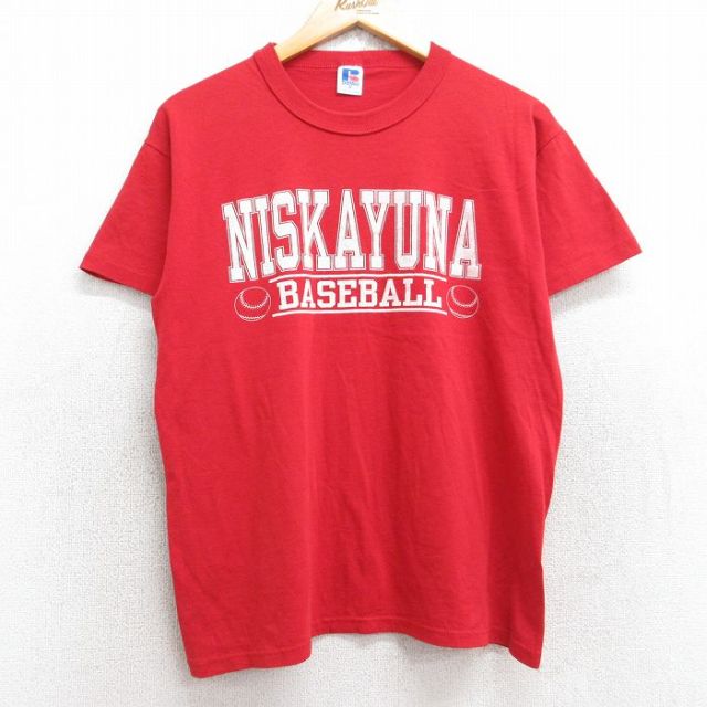 【50%OFF】M★古着 ラッセル 半袖 ビンテージ Tシャツ メンズ 80年代 80s ニスカユナベースボール 2 クルーネック USA製 赤 レッド 25aug19 中古