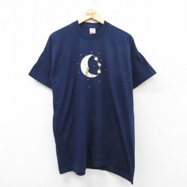 XL★古着 フルーツオブザルーム 半袖 ビンテージ Tシャツ メンズ 90年代 90s 月 刺繍 コットン クルーネック USA製 紺 ネイビー 25aug19 中古