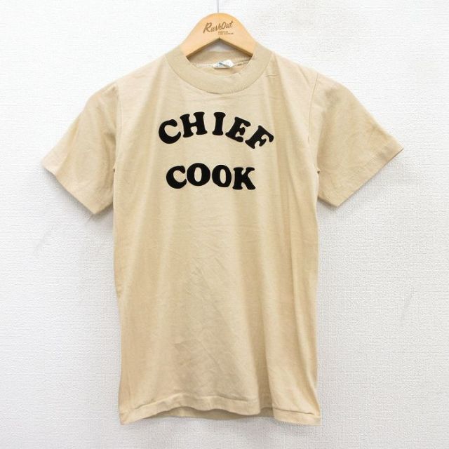 【50%OFF】XS★古着 半袖 ビンテージ Tシャツ メンズ 80年代 80s CHIEF COOK フロッキープリント クルーネック USA製 ベージュ カーキ 25aug20 中古