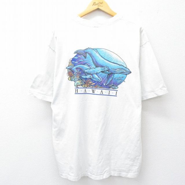 【20%OFF】XL★古着 Crazy shirts 半袖 ビンテージ Tシャツ メンズ 90年代 90s クジラ ハワイ コットン クルーネック USA製 白 ホワイト 25aug20 中古