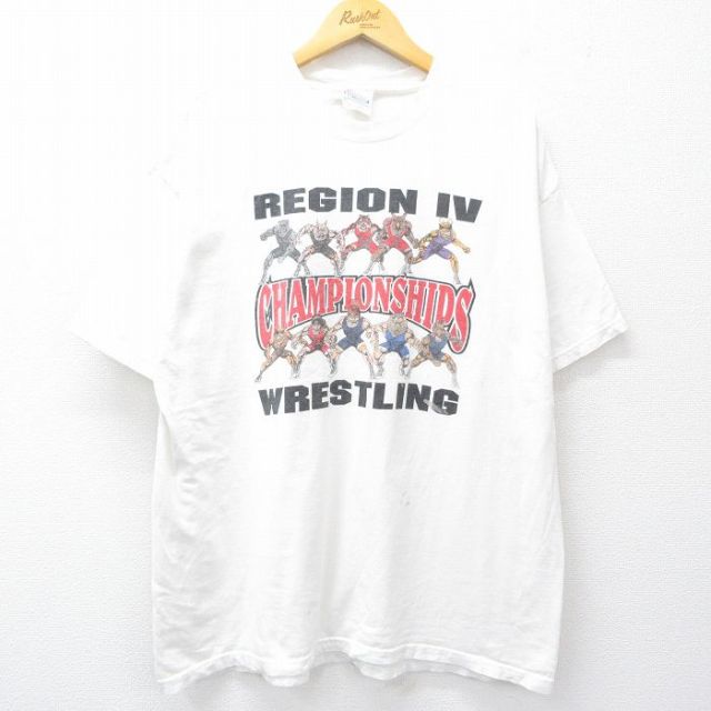 【50%OFF】XL★古着 ヘインズ Hanes 半袖 ビンテージ Tシャツ メンズ 00年代 00s レスリング 大きいサイズ コットン クルーネック 白 ホワイト 25aug20 中古