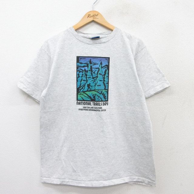 【50%OFF】L★古着 半袖 ビンテージ Tシャツ メンズ 90年代 90s TRAILS DAY コットン クルーネック USA製 薄グレー 25aug20 中古
