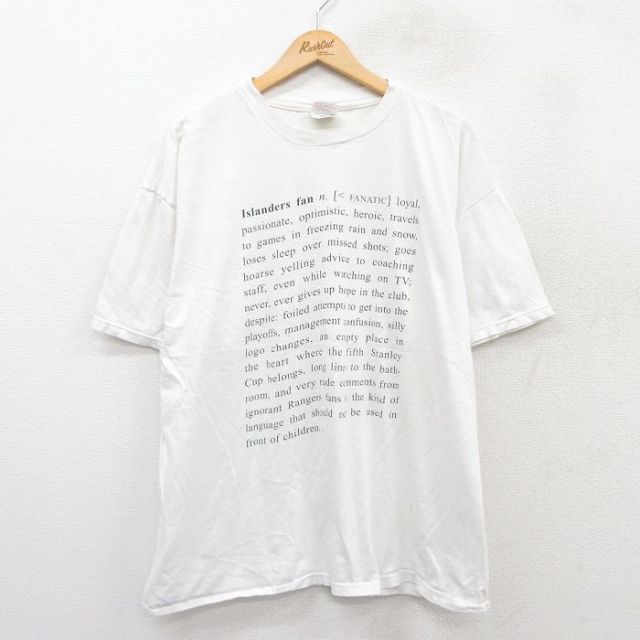 【50%OFF】XL★古着 ヘインズ Hanes 半袖 ビンテージ Tシャツ メンズ 90年代 90s NHL ニューヨークアイランダーズ メッセージ 大きいサイズ コットン クルーネック 白 ホワイト アイスホッケー 【spe】 25aug20 中古